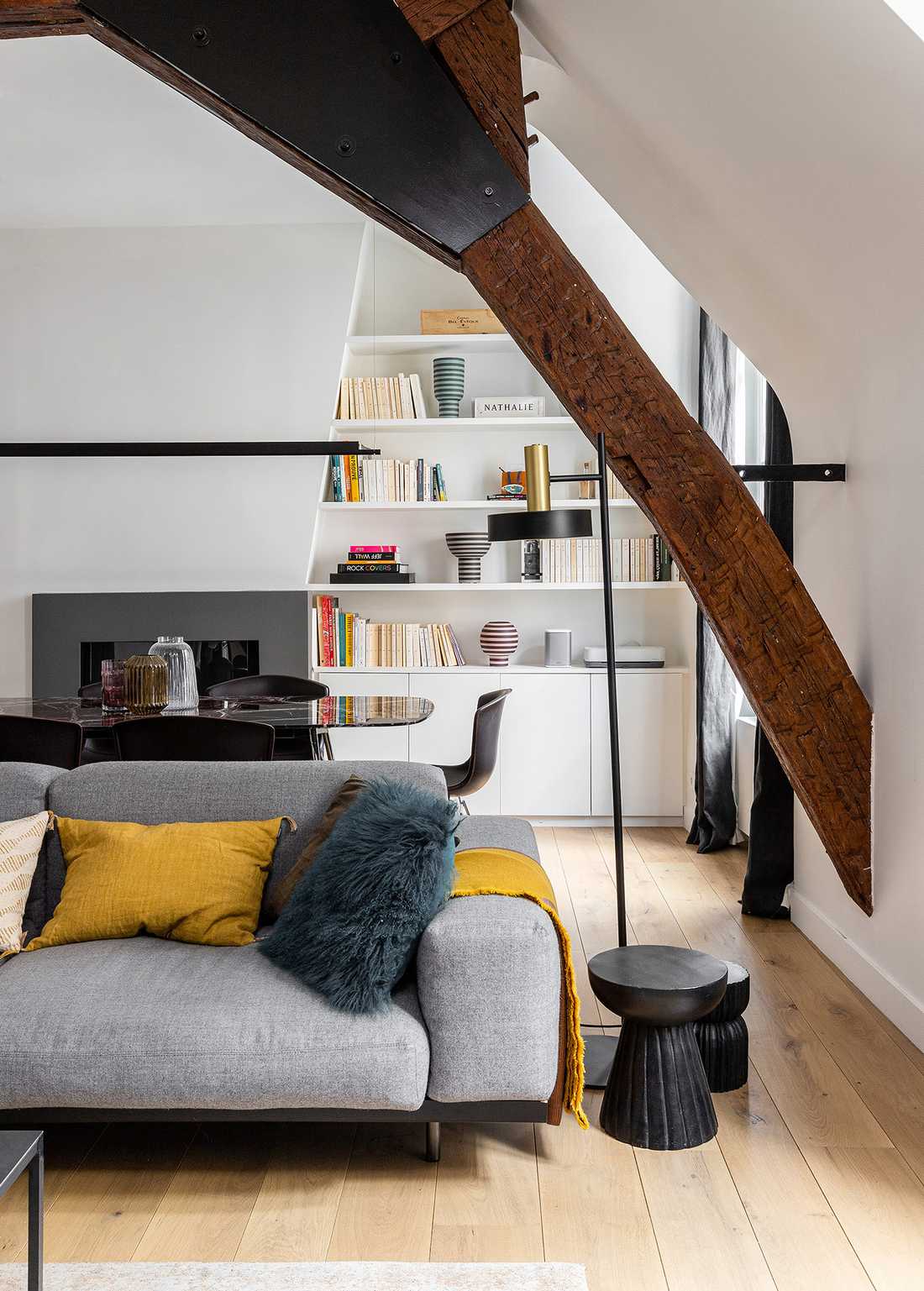 Interior decoration of an old apartment with exposed beams
